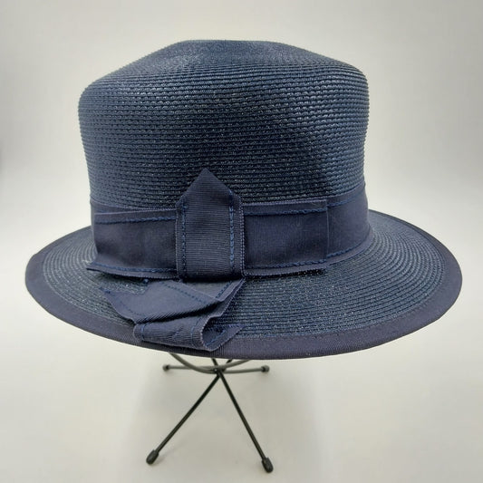 Navy Blue Hemp Braid Tall Crown Straw Fedora Summer Hat w Grosgrain Ribbon Bow