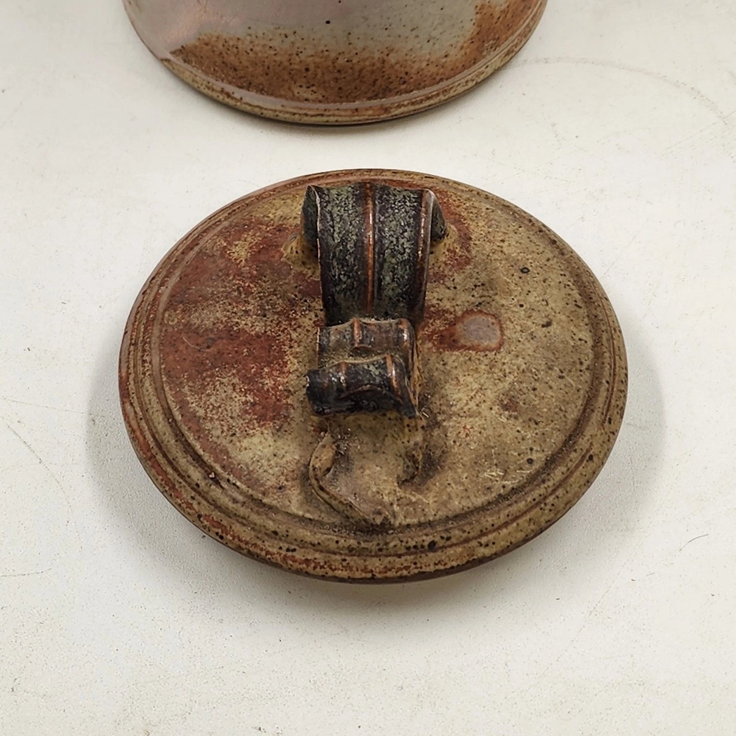 Handcrafted Speckled Stoneware Pottery Lidded Jar w Ribbon Handle Rustic Decor