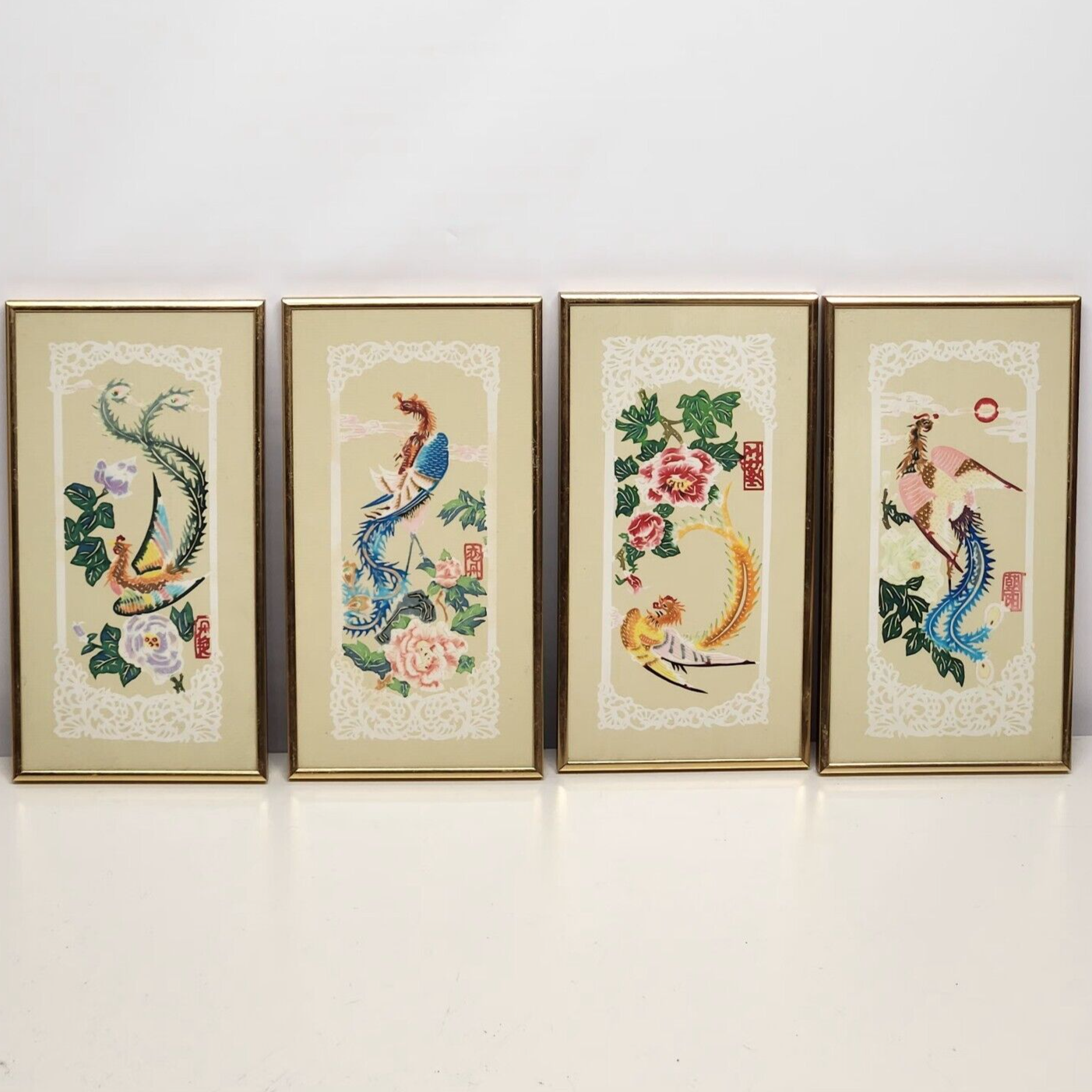4 Asian Framed Matted Artwork Prints 13.5" x 7.25" Doilies Floral Pheasants