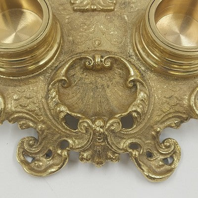 Ornate Double Inkwell Gilded Bronze Cherub Floral 9.75" Lacquered Iron