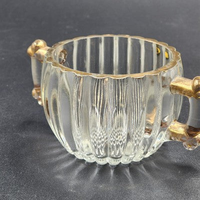 Jeannette Clear Glass Sugar Bowl & Creamer Set Gold Trim Hobnail Bottom