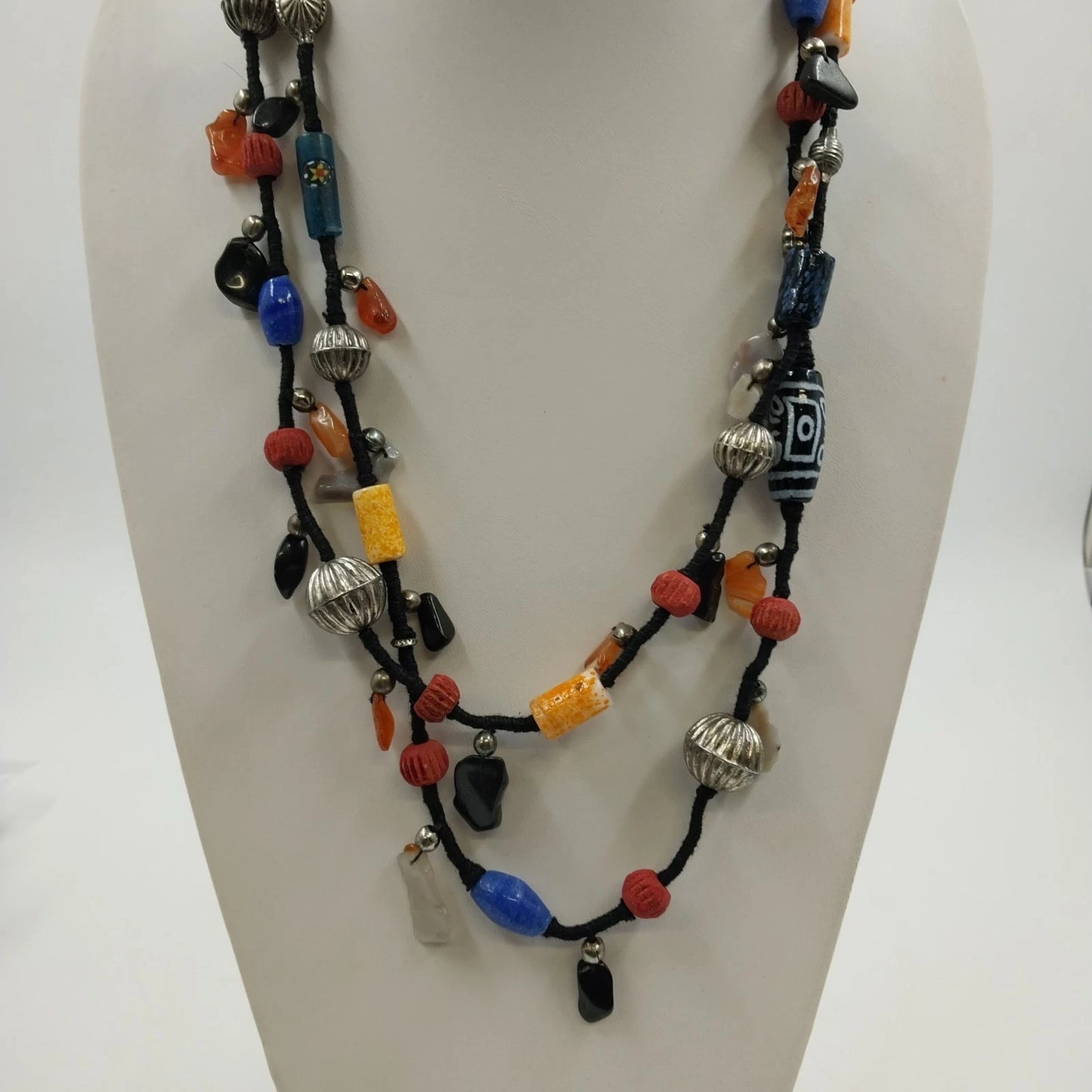 Necklaces Lot Beaded Chain Boho Multicolor Art Glass & Textured Black Orange