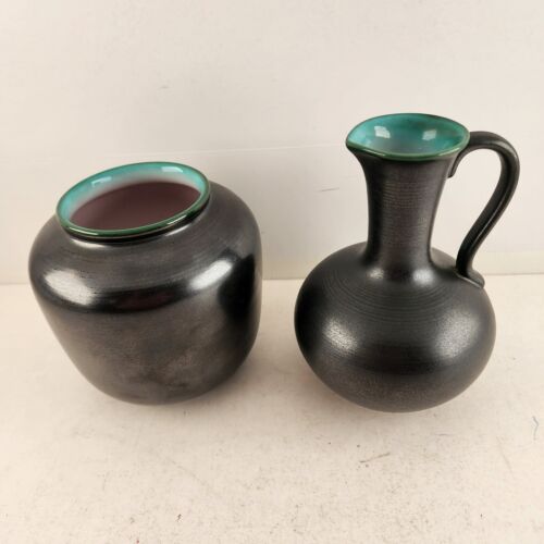 Wächtersbach Black Pottery Metallic Shine Glaze Shield Mark 10095 Pitcher & Vase