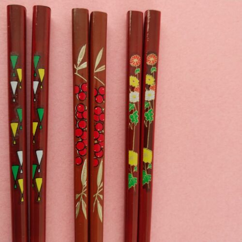 3 pr Chopsticks Square Japanese Lacquerware Brown Floral Geometric Pattern