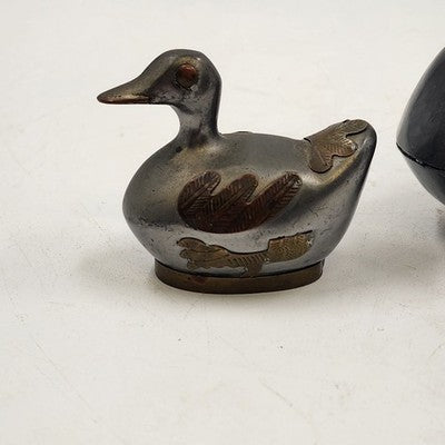 3 pcs Pewter & Brass Duck Family Large & Small Trinket Box Dish 1990s China