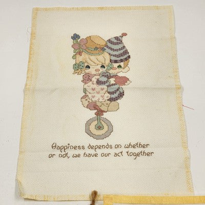 Lot of 3 Finished Aida Cloth Cross Stitch Pieces Precious Moments Floral Geo