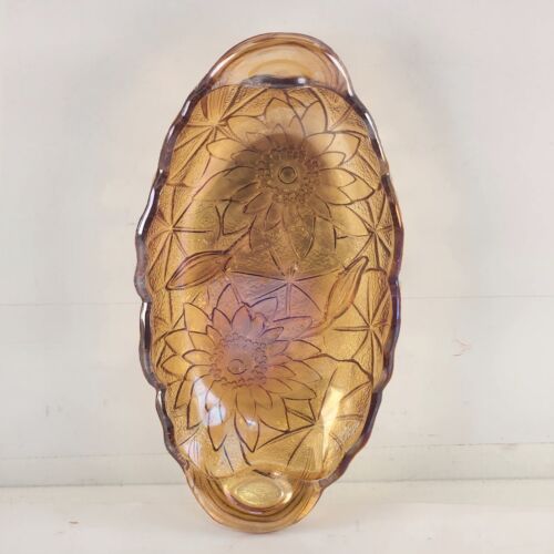 Indiana Glass Celery Dish Sunflower Oval Candy Nut Closed Handles Amber Vintage