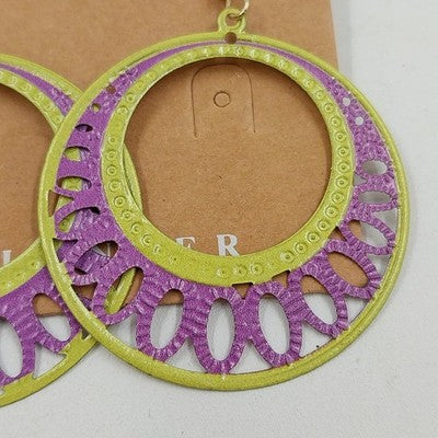 Plunder Sally Lime Green Purple Round Filigree Spring Dangle Drop Earrings 2"