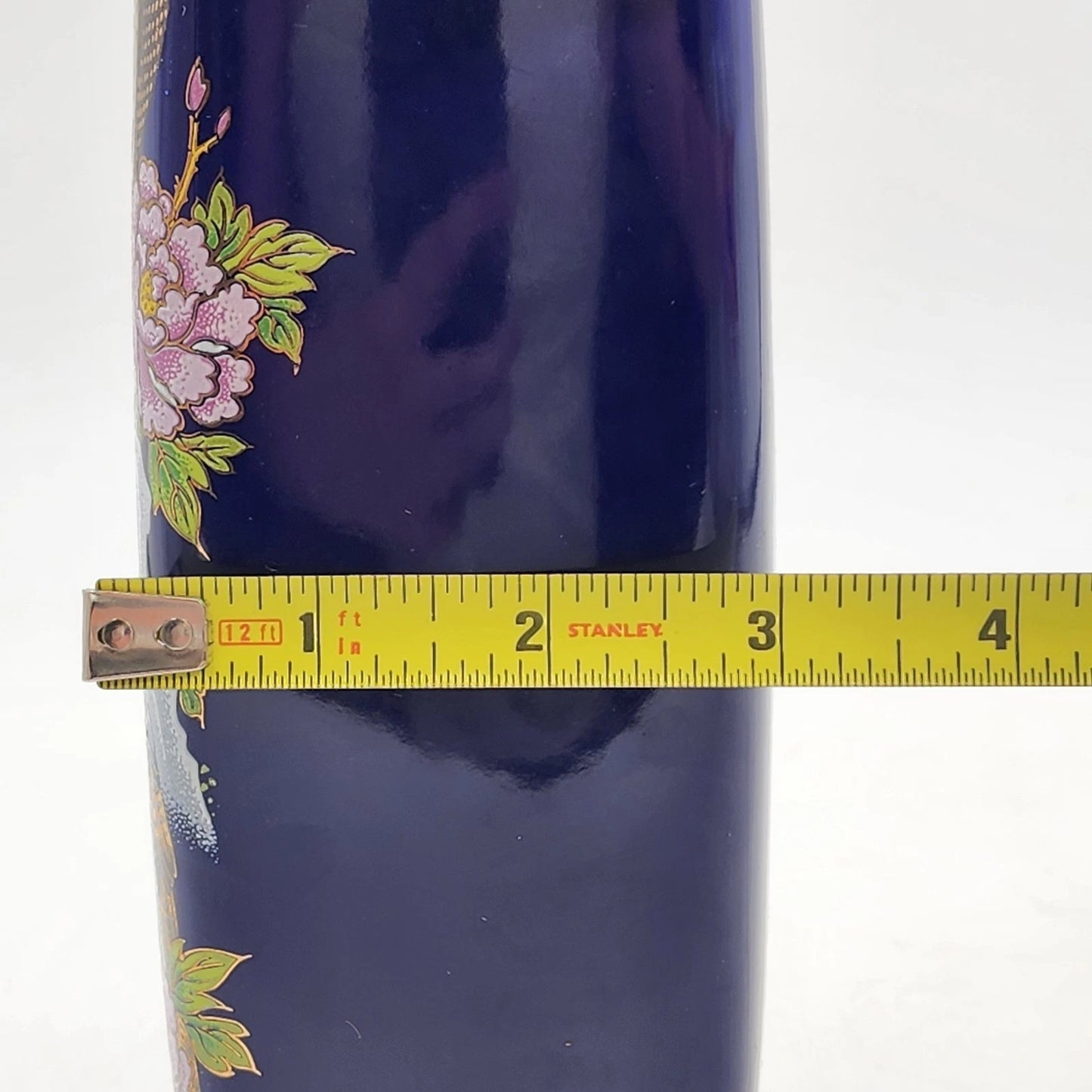 Kutani Interpur Peacocks Floral Vase Cobalt Blue & Gold Trim Japan 9.25”