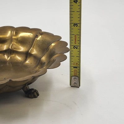 Art Deco Ornate Three-Footed Brass Round Bowl Scalloped Edge Vintage 6.75"