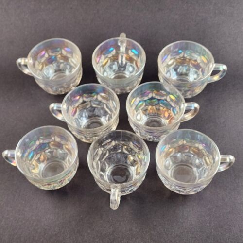 Eight Federal Yorktown Thumbprint Clear Iridescent Glass Vintage Punch Cups 3"