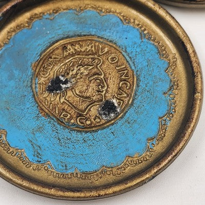 Set of 3 Italian Toleware Coasters Gold Burnt Umber Pale Blue Handcrafted Italy 3.5"