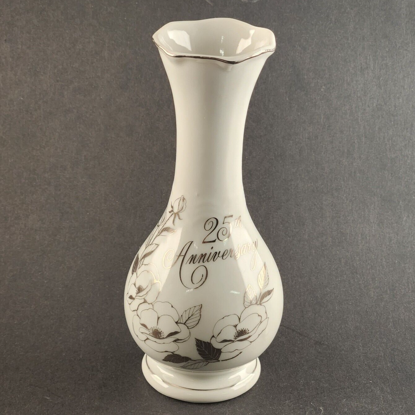 25th Anniversary Bud Vase Fine China 6½ Inch Tall White and Silver Lining