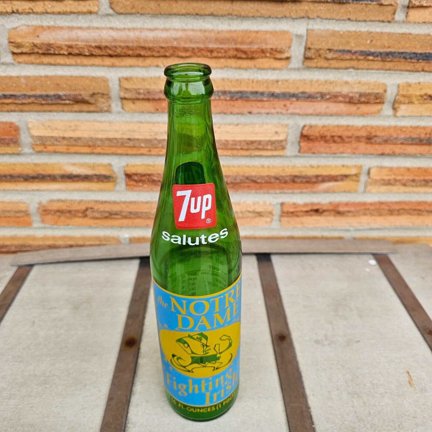 7UP bottle Notre Dame Fighting Irish National Champs Glass Sugar Bowl 1973