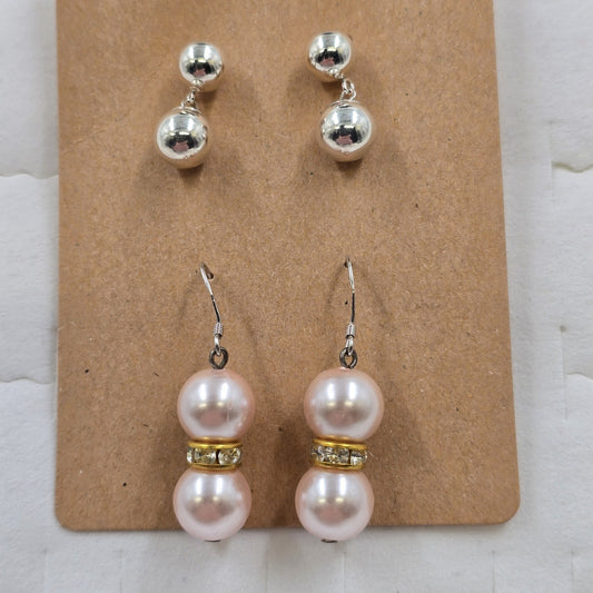 2 Earrings Pale Pink Faux Pearl with Rhinestone & Silver Tone Ball Drop Dangle