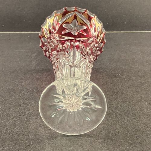 Hofbauer Star Flower Vase Ruby Red & Clear Glass Cased 24% Crystal 6.75" Germany