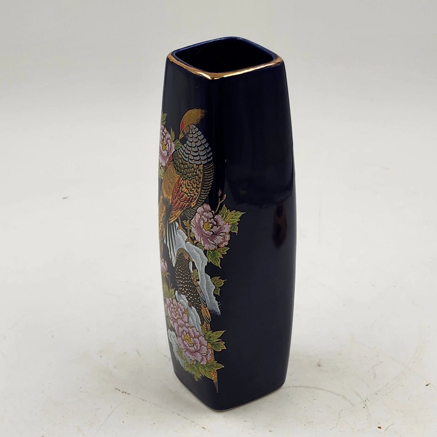 Kutani Interpur Peacocks Floral Vase Cobalt Blue & Gold Trim Japan 9.25”