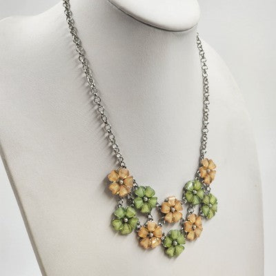 RMN Silver Tone Chain Green Yellow Flowers & Rhinestone Pendant Necklace 10"