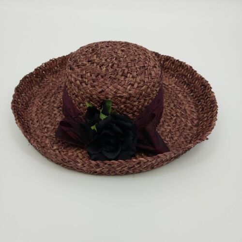 Purple Woven Straw Sun Hat Bow with Black Rose Grosgrain Floral Flower Band 15"