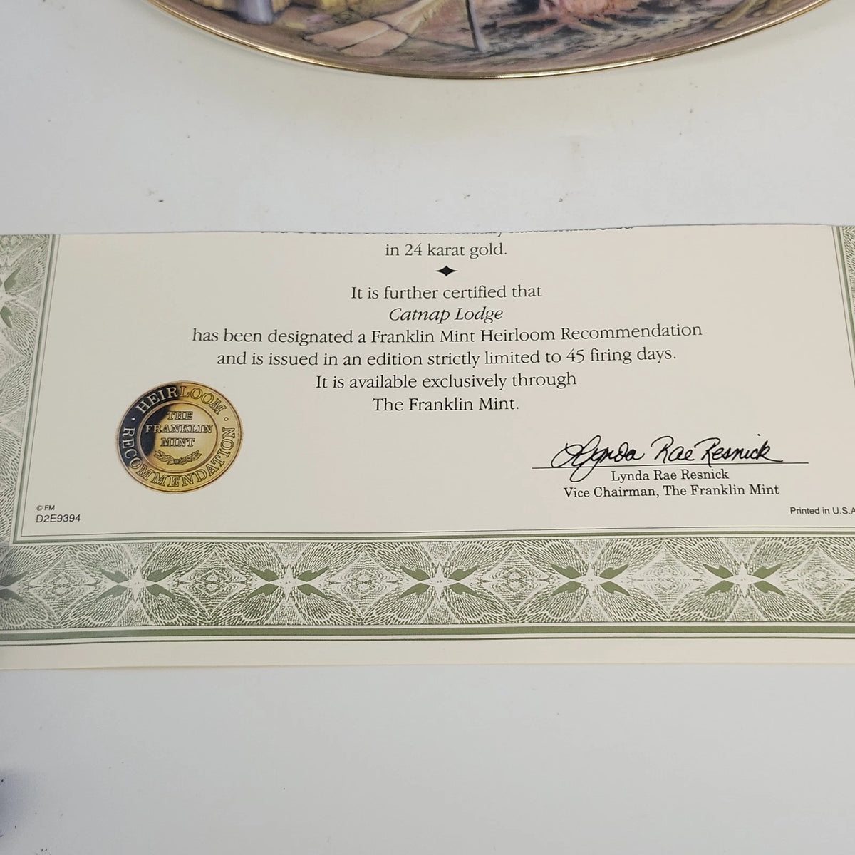 Franklin Mint Catnap Lodge Bryan Moon Fine Porcelain Plate Limited Edition COA