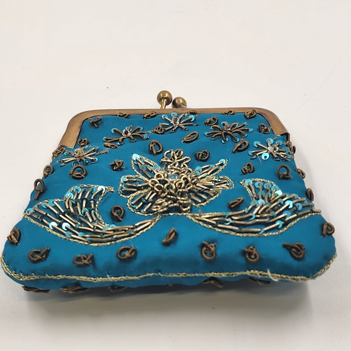 Indian Coin Purse Brass Clasp Outline Stitch Sequins and Glass Beads Vintage 4"w