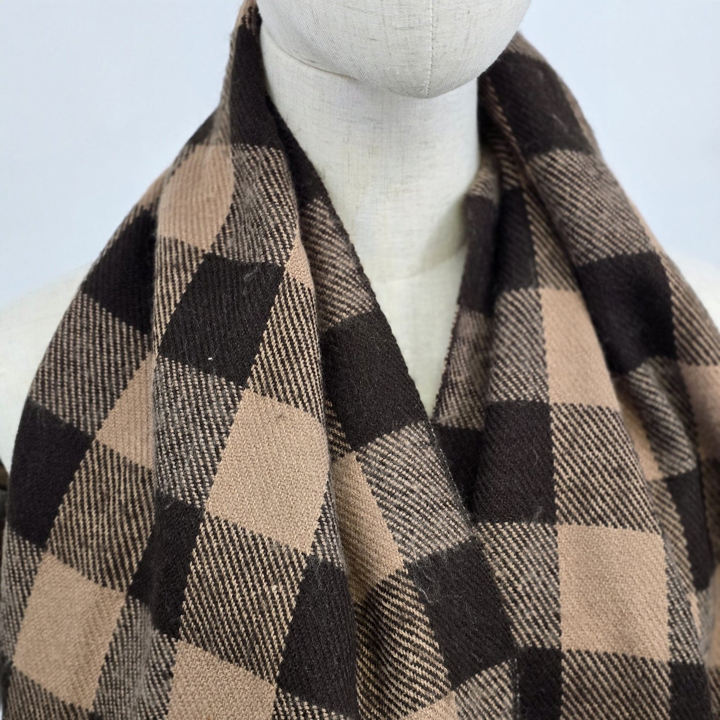 Checkered Plaid Brown Black Rectangle Neck Warmer Scarf Shawl w/ Fringe 72"x14"