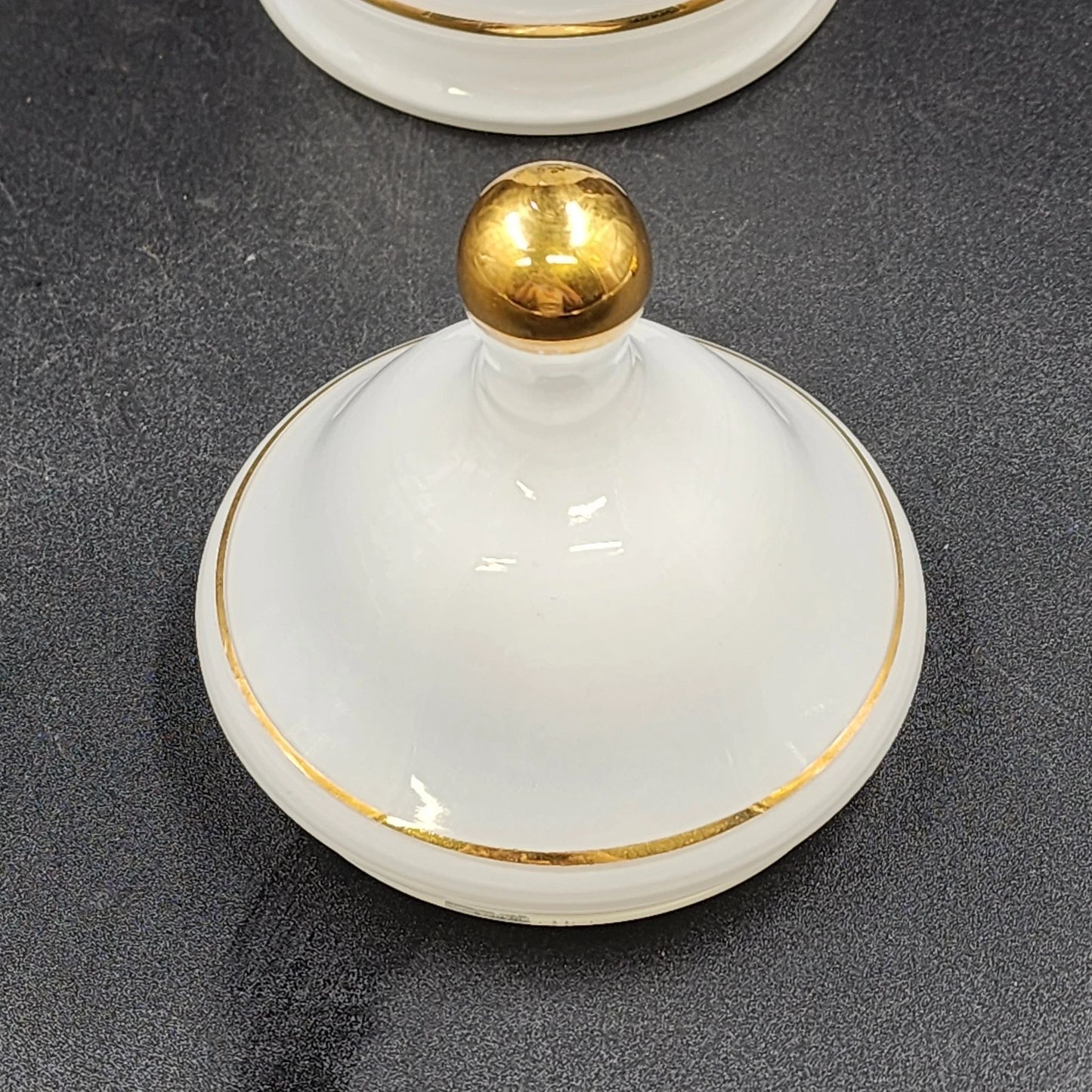 Apothecary Jar Blue Tea Rose in White Frosted Milk Glass with Gold Trim 9" x 4"d