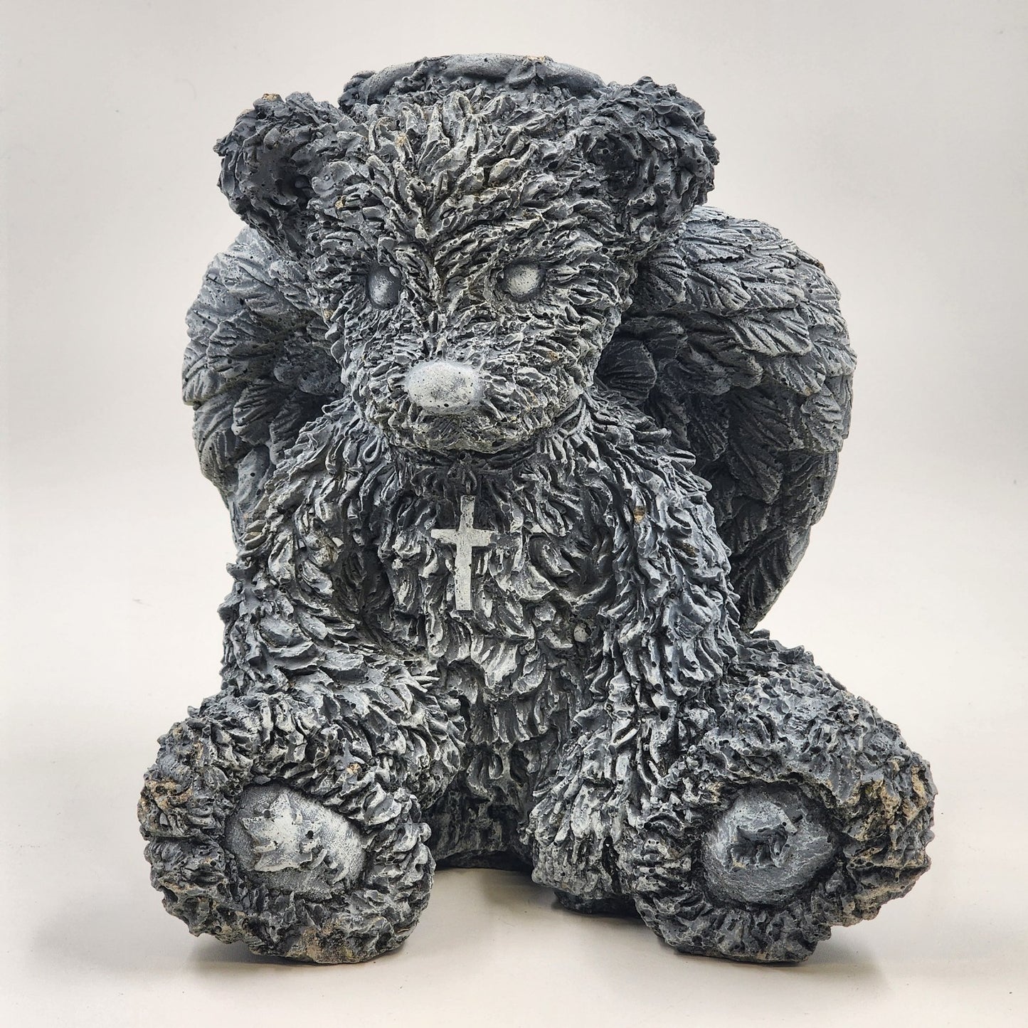Angel Bear Gray Concrete Stone Statue Seated Halo Wings Cross Garden Decoration