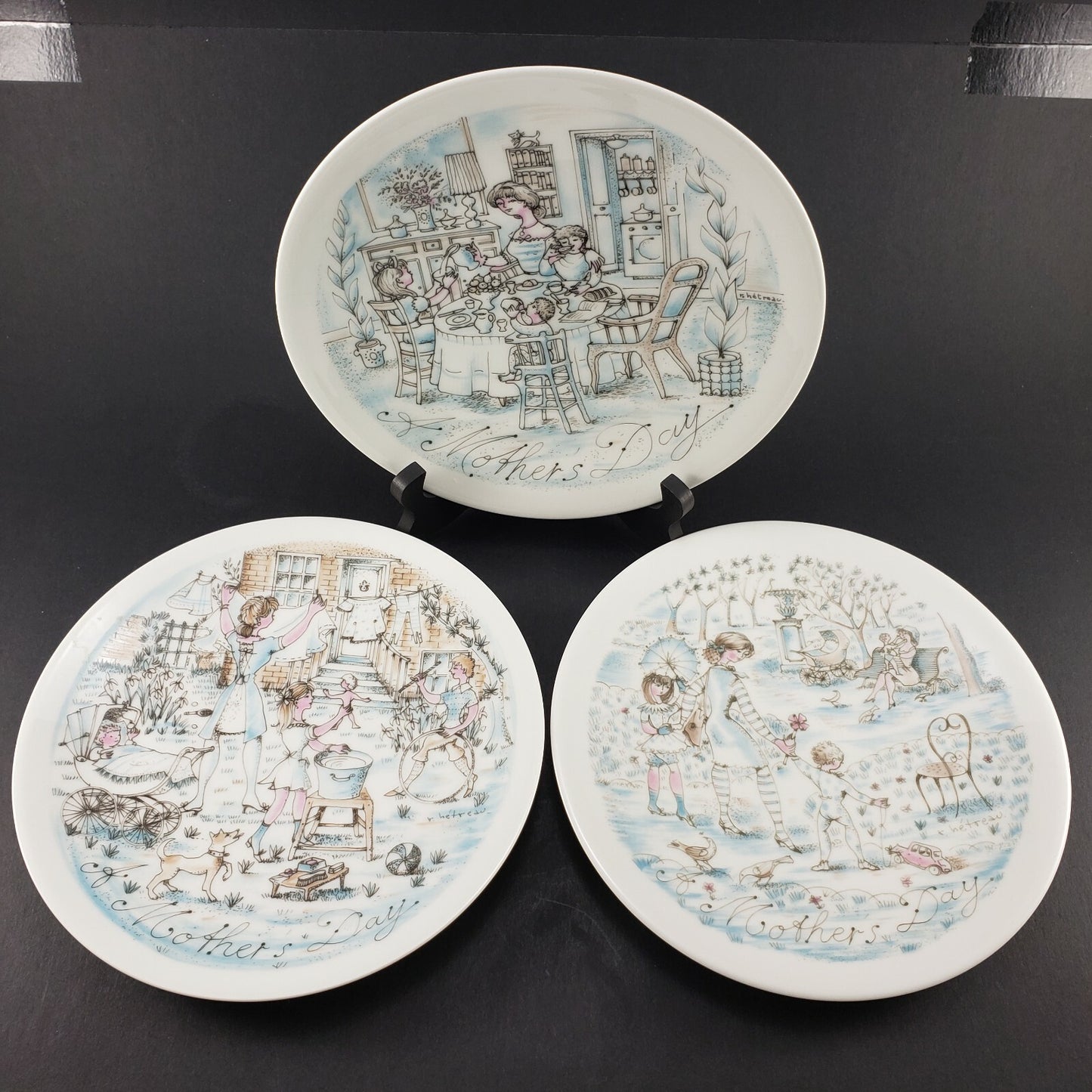 Haviland Limoges 3 Mother's Day Plates 1973 Breakfast 1974 The Wash & 1975 Park