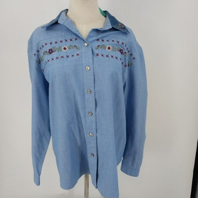 Tan Jay Women’s Blue Floral Embroidered Blouse Sz 16 Cotton Long Sleeve Top