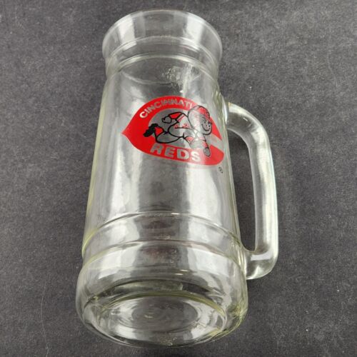 2 Cincinnati Reds Glass Stein MLB Mr Redleg Planters Peanuts Lids 1980s Vintage