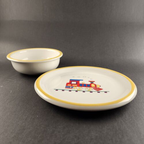 Child's Plate and Bowl Train Engine Tognana for Crown Corning Italy Pottery Set