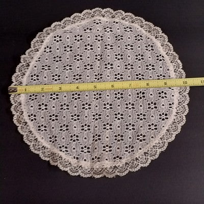 Matching White Table Runner w Two Round Lace Crocheted Eyelet Ruffled Doilies