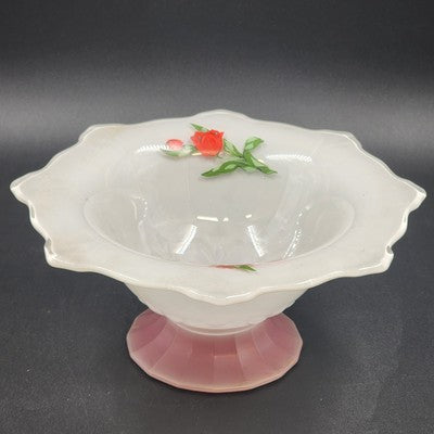 Indiana Glass White Console Flared Footed Bowl w Red Flashed Tulips Ruffled Edge
