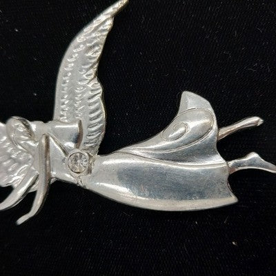 Metal Pewter Angel Brooch Pendant April Birthstone Diamond Crystal 3"Pin Vintage