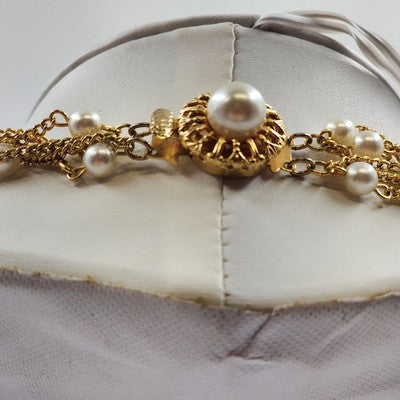 Necklace in Gold Tone Multi Chains with Faux Pearls Double Strand 11" Box Clasp