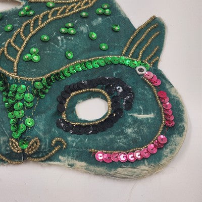 Hand Sewn Vintage Mardi Gras Green Fish Mask Sequins Beads