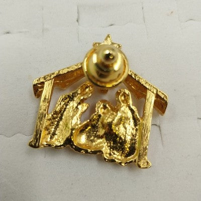 Gold Tone Manger Nativity Scene Pin Brooch Baby Jesus Mary Joseph Crystal Stone