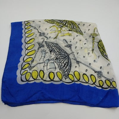 Silk Square Scarf 32" Lady with Umbrella in Rain Design Blue Border VTG