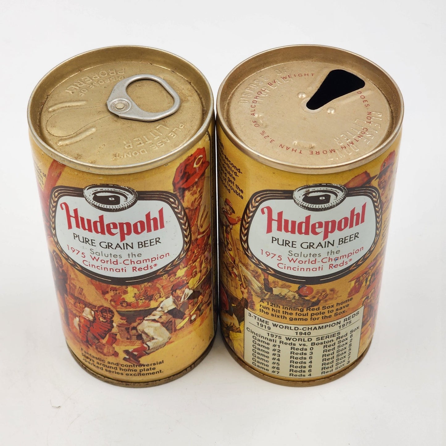 2 Hudepohl 12 oz Steel Beer Can 1975 World Series Champions Cincinnati Reds GUC