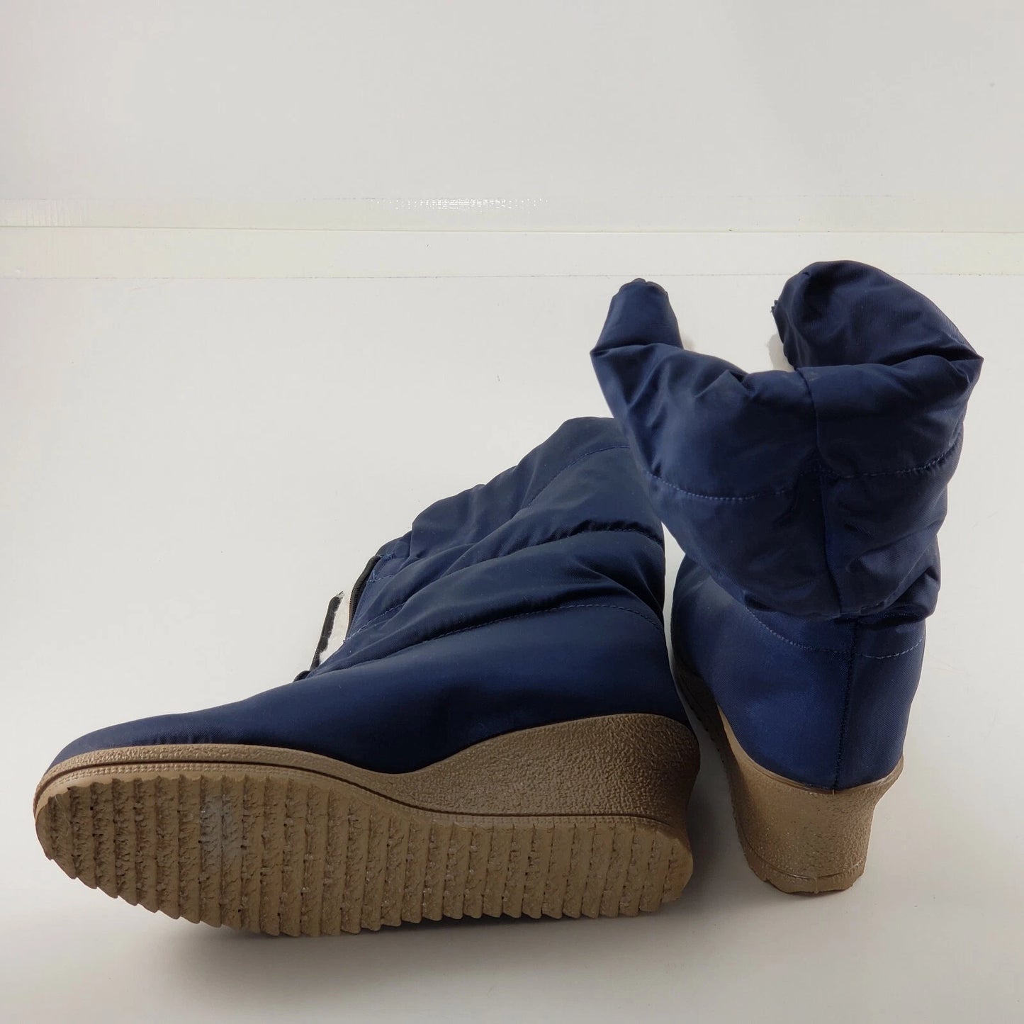Yodelers Navy Puff Zip Boots Sz 9.5B W1234 Faux Fur Mid Calf Wedge Heel