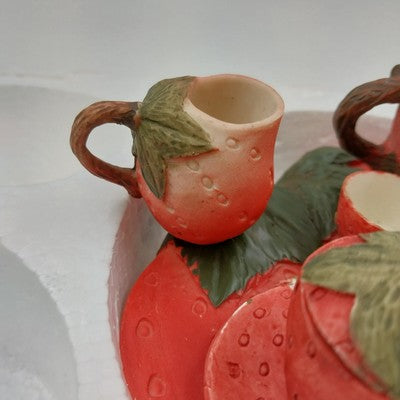 Wong's Polyresin Miniature Tea Set Strawberry Teacups & Teapot Collectible 5"