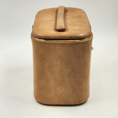 Tan Leather Train Case – 10.5" Travel Luggage with Cane Web Front, Latch Closure, Pockets & Interior Mirror Vintage
