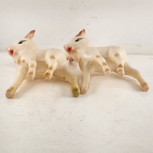 2 Soft Plastic Reindeer Fawns Faded Color Figurines Christmas 8" Tall Vintage
