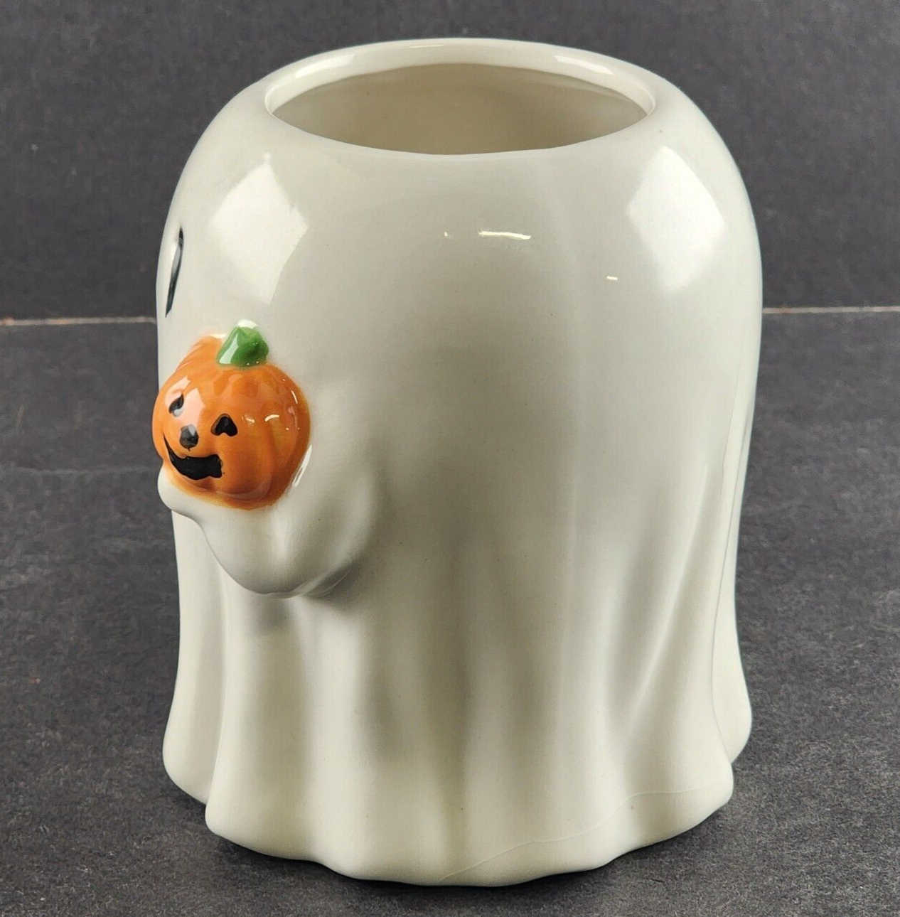 Ghost Mug 16 oz Holding a Jack-O-Lantern Halloween Scary Cup White 4.5" Tall