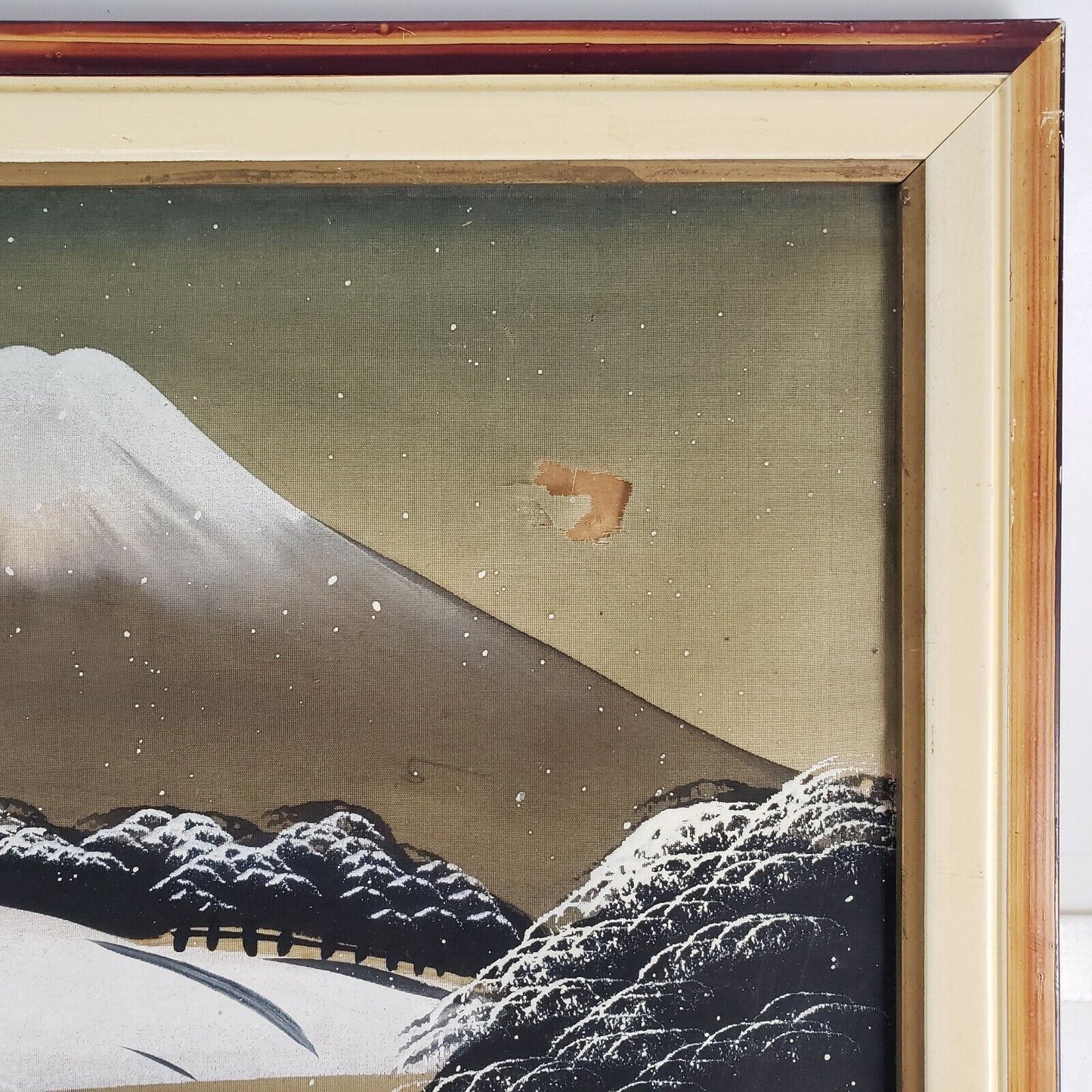 Japanese Landscape Silk Painting Vintage Wood Framed 18"x15” No Glass & 2 Tears