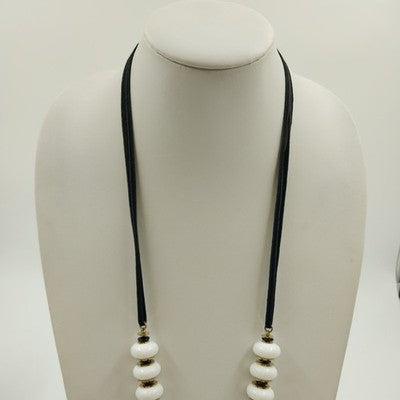 White Glass Beads w Gold Tone & Black Disks in Black Cording Long Necklace 15"