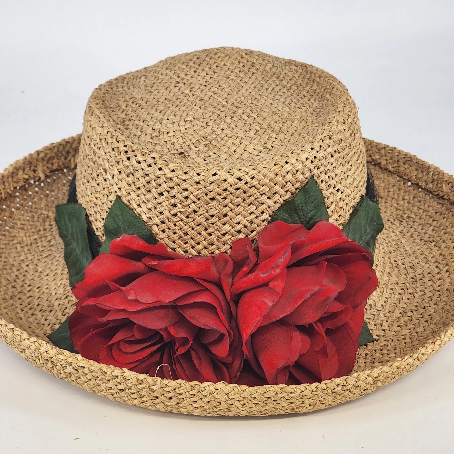 Eric Javits Luxury Squishee Sun Hat Beige Packable Woven Rose Brim Hatpin Vtg