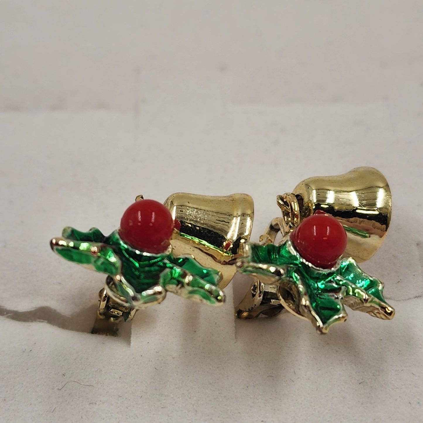Gold Tone Holly & Bell Clip Earrings Vintage Christmas Fashion Jewelry 0.75"