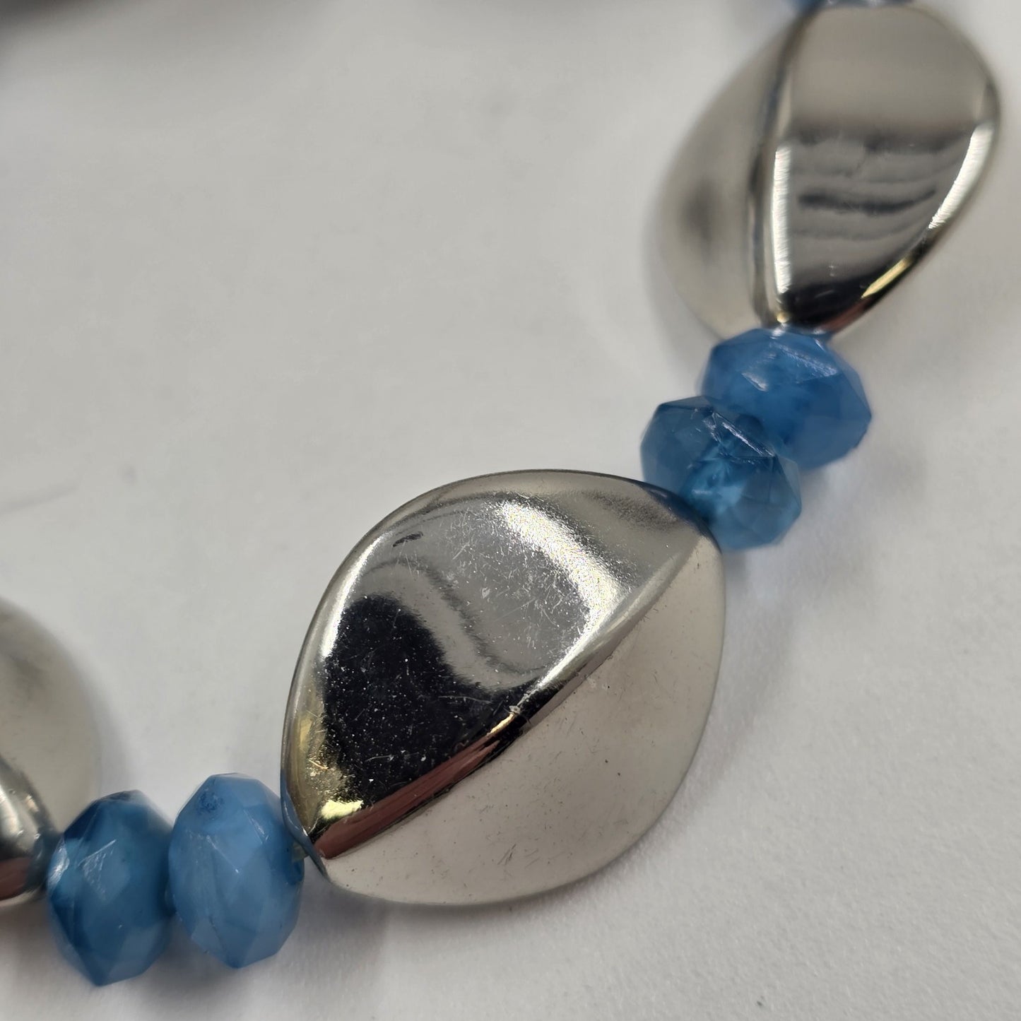 2 Stretch Bracelets Blue Silver Tone Clear Chunky Beads Fashion Jewelry 6.5-7"